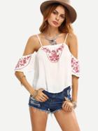 Romwe Cold Shoulder Embroidered Top - White