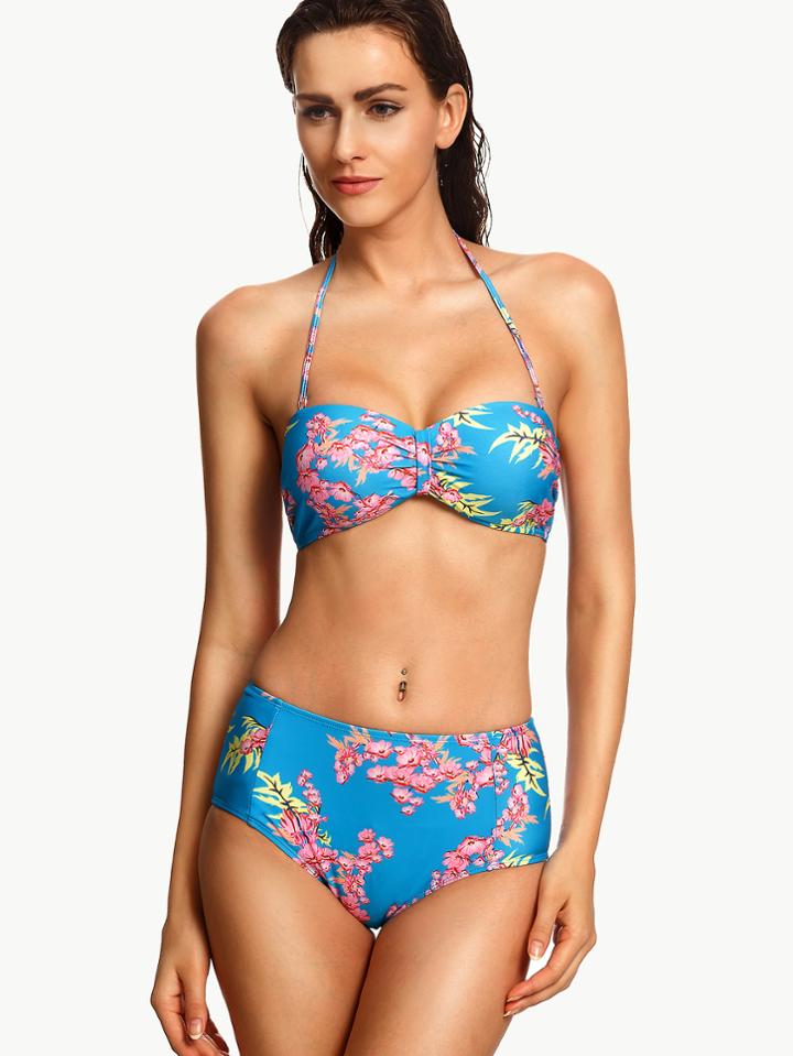 Romwe Pink Floral Print High Waist Bikini Set - Blue