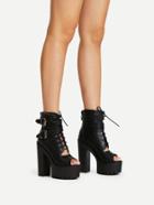 Romwe Double Buckle Lace Up Chunky Heels