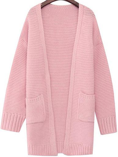 Romwe Long Sleeve Pockets Chunky Knit Pink Coat