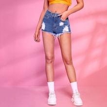 Romwe Destroyed Ripped Raw Hem Belted Denim Shorts