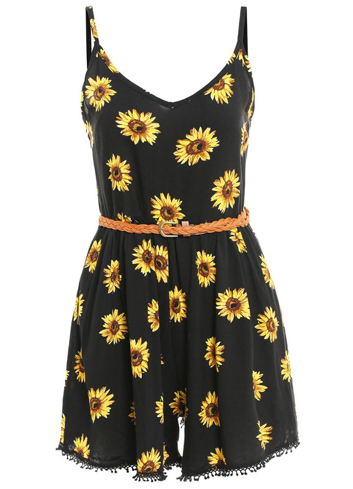 Romwe Spaghetti Strap With Belt Daisy Print Black Romper