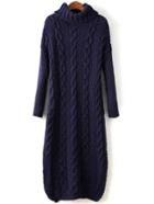 Romwe Navy Cable Knit Turtleneck Slit Maxi Sweater Dress