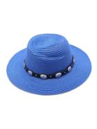 Romwe Blue Straw Hat With Faux Leather Band