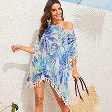 Romwe Jungle Leaf Print Tassel Trim Cover Up