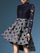 Romwe Navy Polka Dot High Low Lace Dress