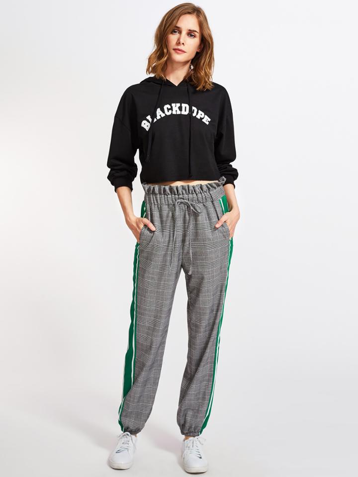 Romwe Ruffle Waist Striped Side Plaid Pants