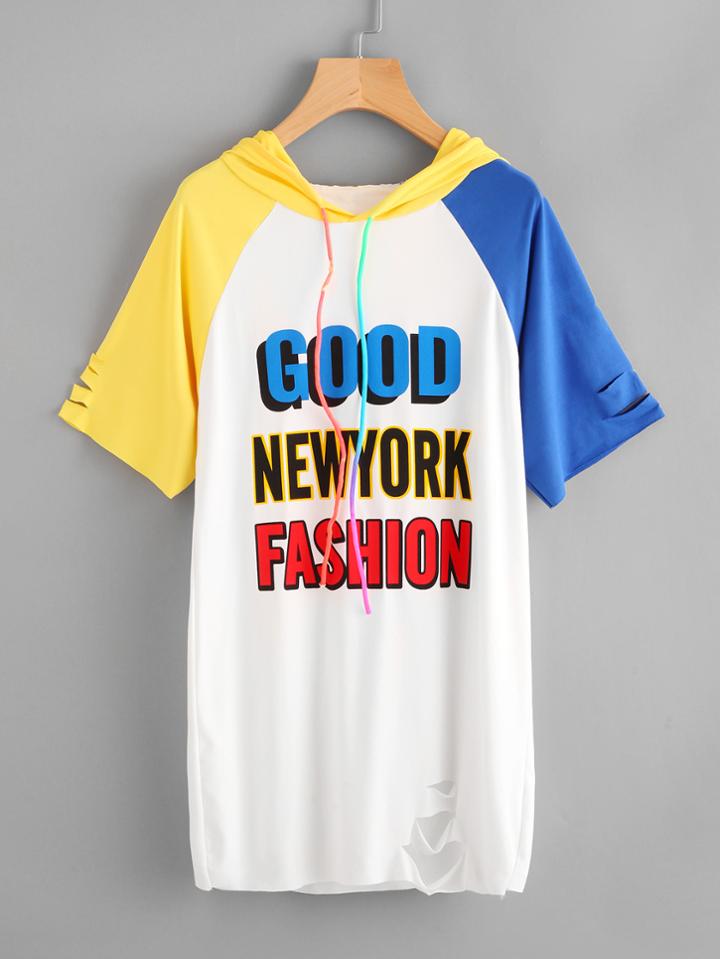 Romwe Contrast Raglan Sleeve Ripped Raw Binding Printed Longline Tee