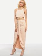 Romwe Apricot Strappy Crop Cami Top With Draped Skirt