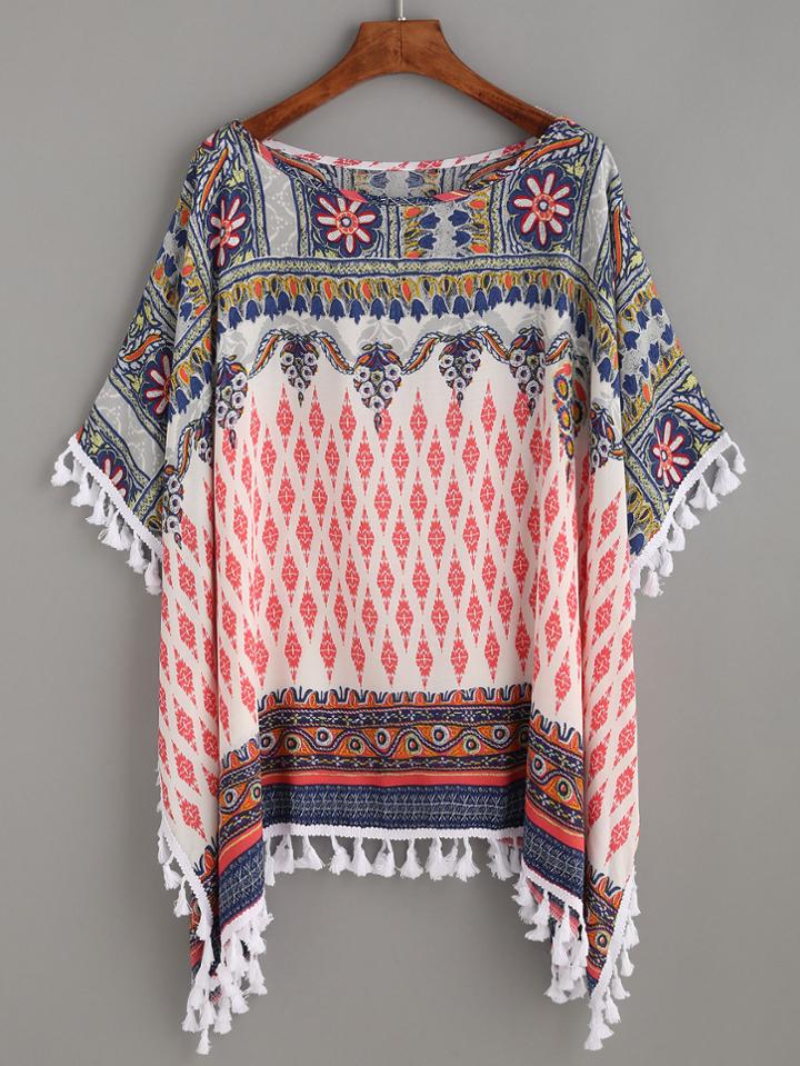 Romwe Multicolor Tribal Print Tassel Trim Batwing Blouse