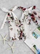 Romwe Floral Bow Self Tie Top