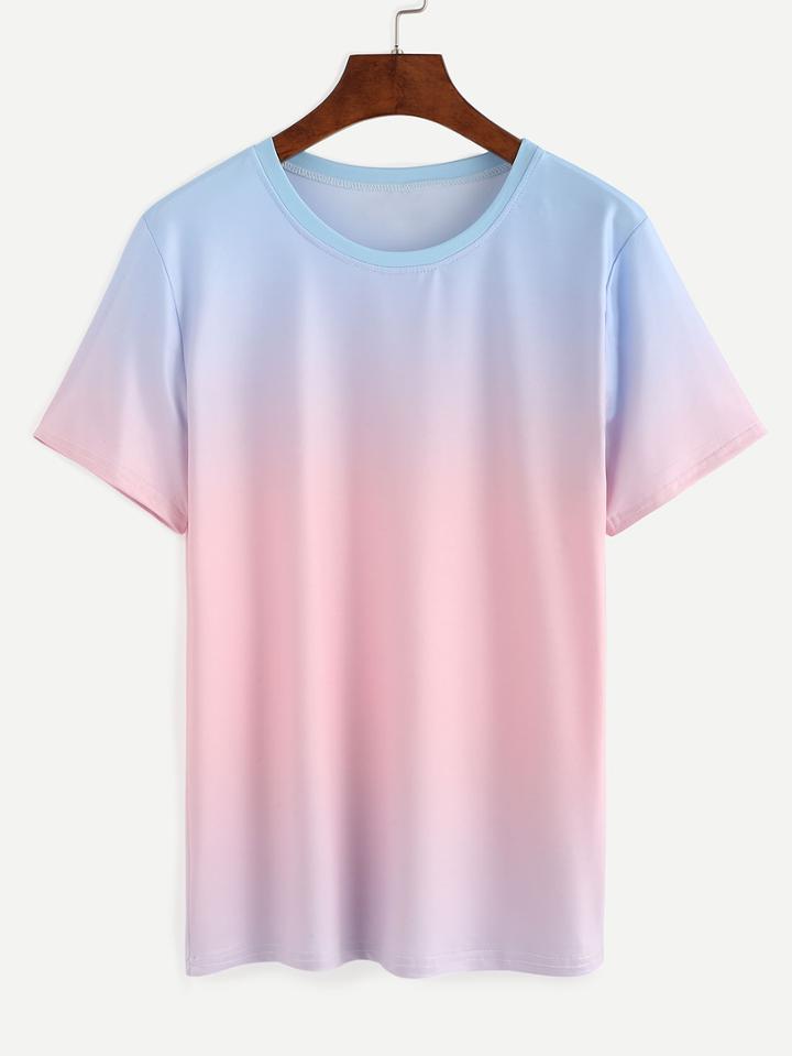 Romwe Blue Pink Ombre T-shirt