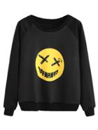 Romwe Black Emoji Print Raglan Sleeve Sweatshirt