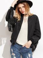 Romwe Black Dropped Shoulder Seam Fringe Bomber Jacket