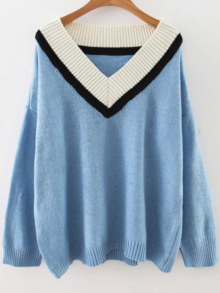Romwe Blue V Neck Drop Shoulder Loose Sweater