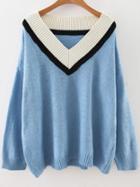 Romwe Blue V Neck Drop Shoulder Loose Sweater