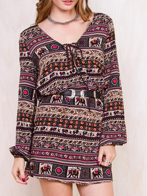 Romwe Long Sleeve Lace Up Elephant Print Dress