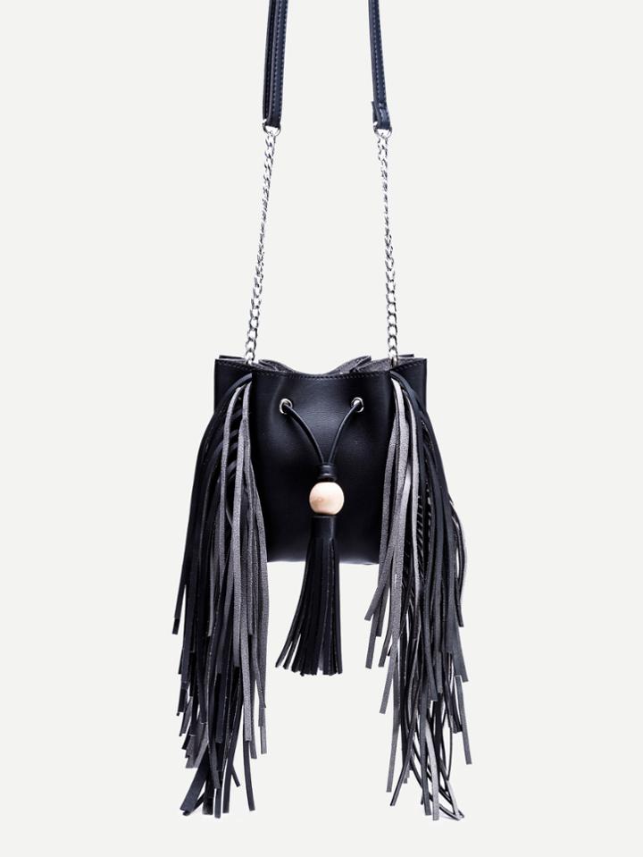 Romwe Black Pu Fringe Tassel Drawstring Bucket Bag