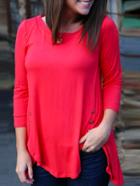 Romwe Long Sleeve Buttons Slit Red T-shirt