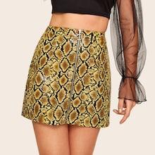 Romwe O-zip Front Leather Look Snakeskin Skirt