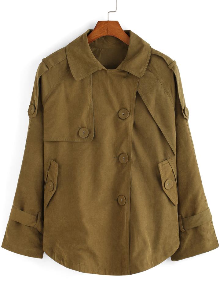 Romwe Lapel Pockets Loose Army Green Coat