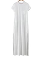 Romwe White Short Sleeve Pocket Split Side Maxi Dress