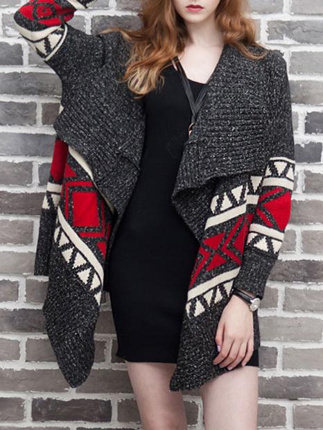 Romwe Grey Cowl Collar Geometry Cardigan Sweaters