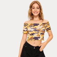 Romwe Off The Shoulder Frill Trim Camo Tee