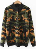 Romwe Army Green Camouflage Pattern Button Up Sweater Coat