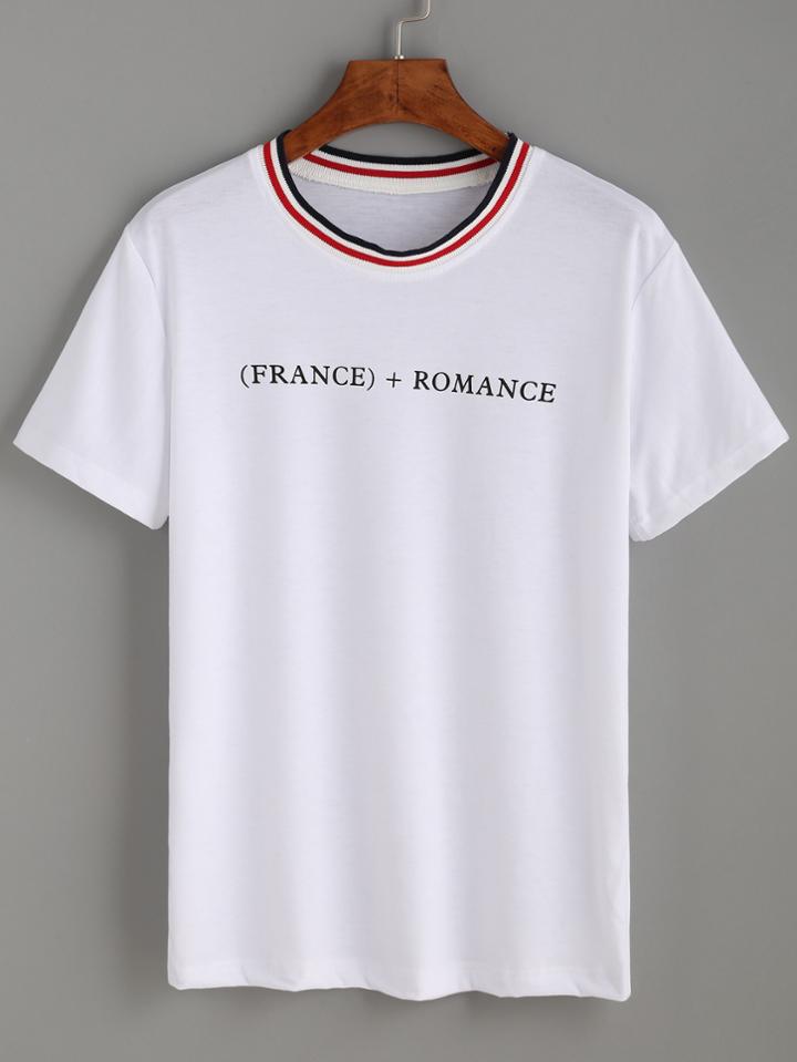 Romwe White Striped Neck Letter Print T-shirt