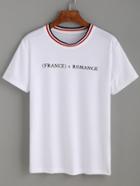 Romwe White Striped Neck Letter Print T-shirt