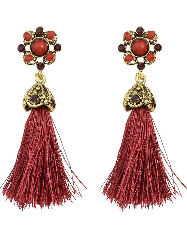 Romwe Red Long Tassel Earrings