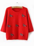 Romwe Women Horse Embroidered Red Sweater