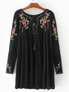 Romwe Black Flower Embroidered Tie Neck Tent Dress