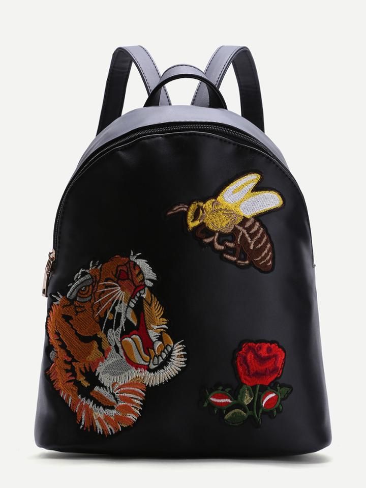 Romwe Black Animal Embroidered Pu Backpack