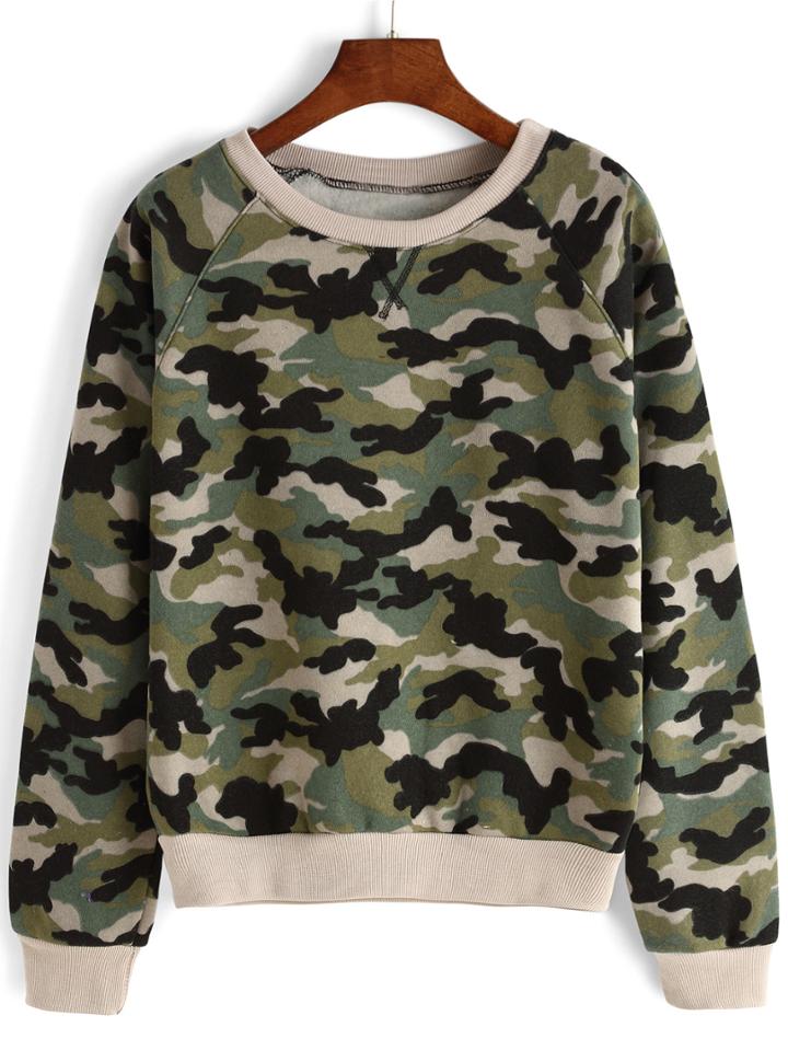 Romwe Round Neck Camo Print Thicken Sweatshirt