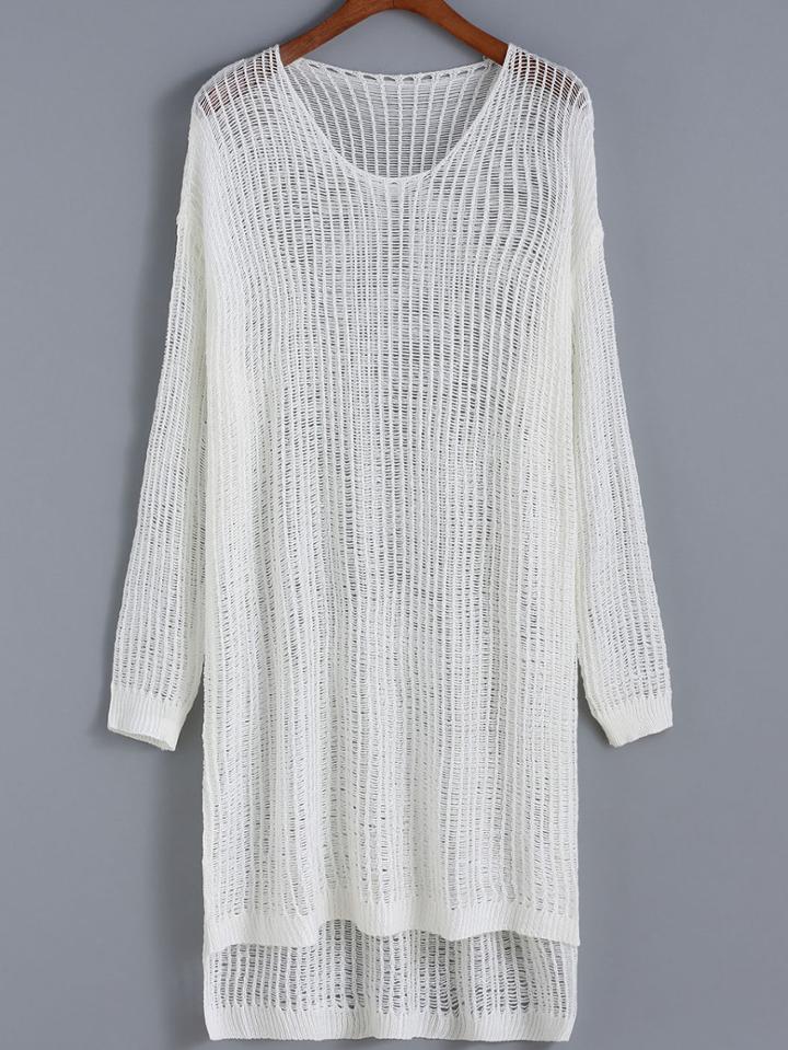 Romwe Dip Hem Open-knit White Sweater