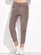 Romwe Brown Corduroy Elastic Waist Asymmetric Hem Pants
