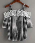 Romwe Black Checkerboard Lace Cold Shoulder Blouse