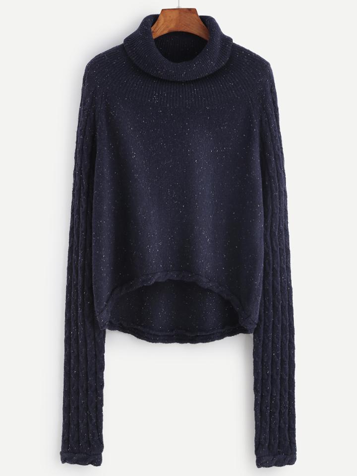 Romwe Navy Mixed Knit High Low Fleck Sweater