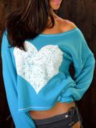 Romwe Heart Print Crop Loose Blue T-shirt
