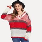 Romwe Plus V Neck Striped Sweater