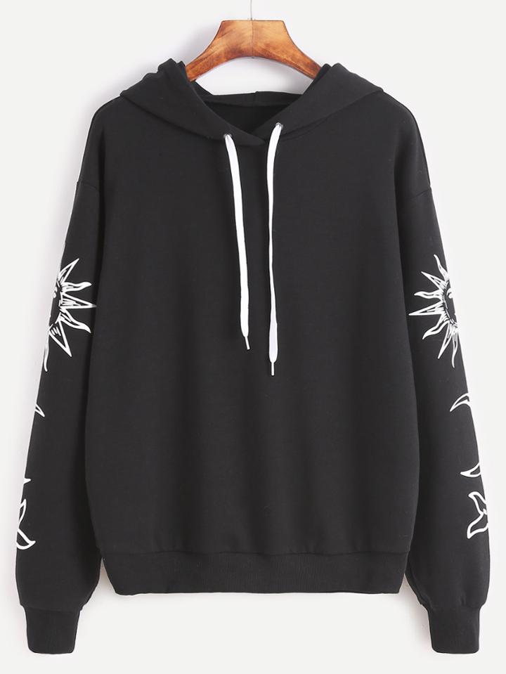 Romwe Black Vintage Graphic Print Drop Shoulder Hoodie