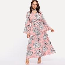 Romwe Plus Floral Print Cut Out Neck Dress