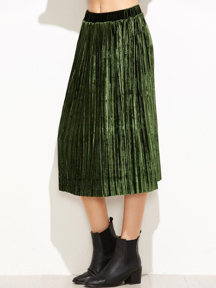 Romwe Green Pleated Velvet Skirt