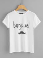 Romwe Letter And Moustache Print Tee