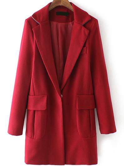 Romwe Lapel Pockets Covered Button Long Burgundy Coat
