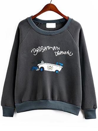 Romwe Raglan Sleeve Cat Print Grey Sweatshirt