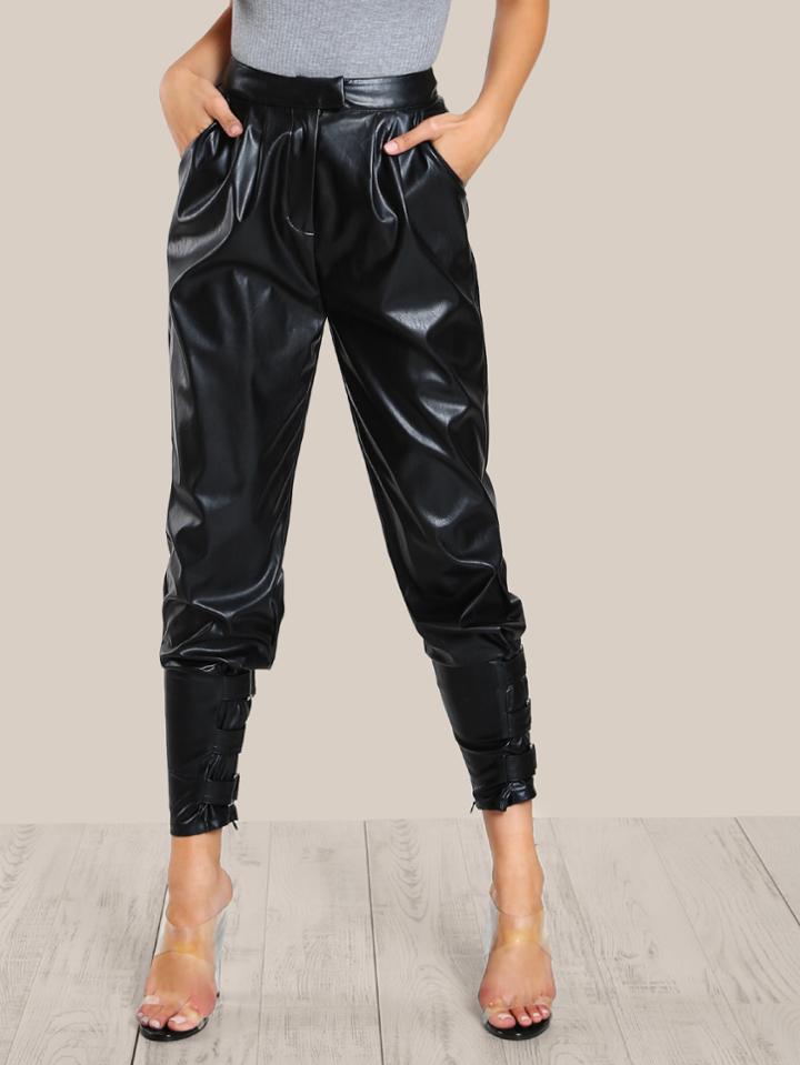 Romwe Faux Leather Cigarette Buckle Pants