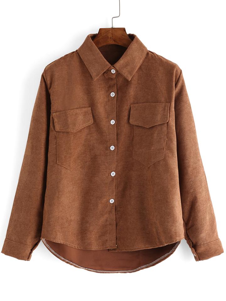 Romwe High Low Lapel Khaki Blouse With Pocket
